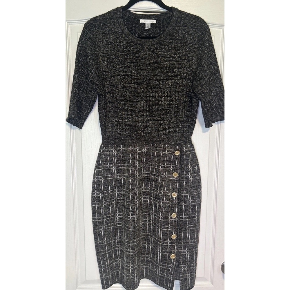 LONDON TIMES Sweater Dress Womens XL Plaid Black Gray w/ Gold Metallic Sh Sleeve
